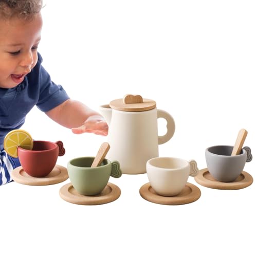Teeservice aus Holz für kleine Mädchen, Spielzeugset Prinzessin Tea Time | sicheres und gesundes Lernspielzeug für den Tag, Weihnachten und Geburtstagsgeschenke von Generic