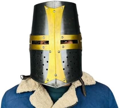 Tempelhelm, Heiliges Messing-Kreuz-Tempelkreuzer, Mittelalter-Ritter-Rüstung, 18 g, Baustahl, LARP Cosplay-Kostüm von Generic