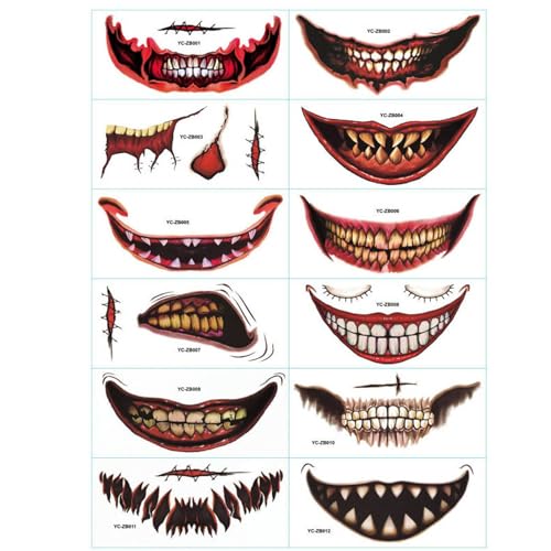 Temporäre Tätowierung, Halloween-Make-up, Halloween- -Make-up, Gesicht, Körperaufkleber, 12 Stück, wasserfeste Halloween- für Gesicht, Körper, Mund, Handgelenk Temporäre Tätowierung, Halloween-Make-up, Halloween- -Make-up, Gesicht, Körperaufkleber, 12 Stück, wasserfeste Halloween- für Gesicht, Körper, Mund, Handgelenk von Generic