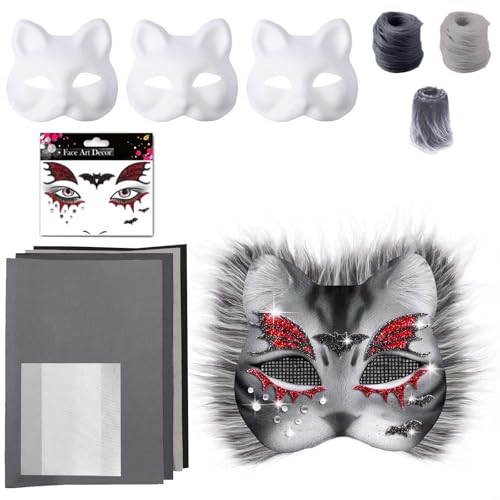 Therian Katzenmaske Mask, DIY Papier Maske mit Kuns Fell und Eye Mesh, Kunststoffnetzfolie, Therian Mask, Unbemalt Masken für Halloween, Karneval, Maskerade von Generic