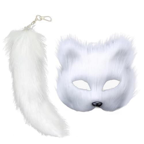 Animal M-ask and Tail Set for Girls, Furry Ma-sk & Long Fo-x Tail, Halloween Cat Ma-sk Tail, Cosplay Fo-x Ma-sk Wolf Tail von Generic
