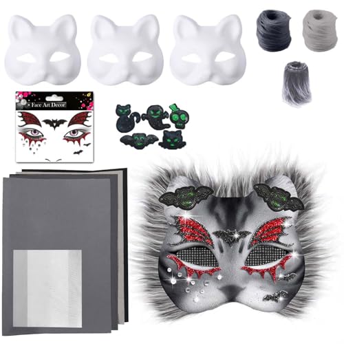 Therian Mask, Katzenmaske Furry Mask Tiermasken Therian Masken Set mit Blanko Katzenmaske Kunststoffnetzfolie Kuns Fell und Mesh Pinsel und Farben für Cosplay und Halloween Karneval von Generic