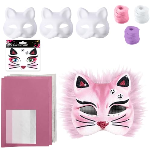 Therian Mask, Katzenmaske zum Bemalen Mit für Kinder Erwachsene, Edelstein Aufkleber und Eye Mesh für Maskerade, Cosplay, Halloween, Karneval von Generic