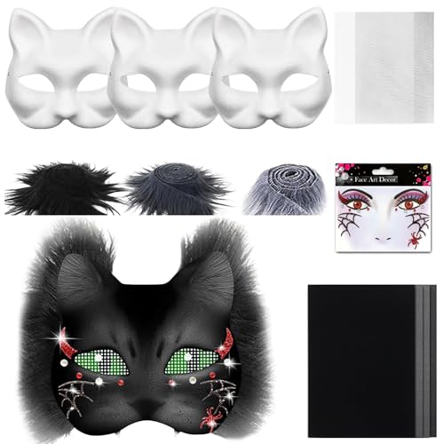 Therian Mask DIY Set, 6 Stück Therian Masken Kit mit Blanko Katzenmaske, Augennetz, Kunstpelz und Filztuch, Katzenmasken Furry Tiermasken für Halloween Karneval Maskerade Rollenspiele (D) von Generic