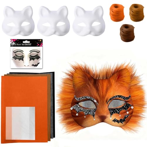 Therian Mask DIY Set, DIY Papier Therian Maske mit Kunstpelz, Augennetz und Filztuch, Leere Halbe Gesichts Katzenmasken zum Basteln für Halloween Maskerade, Maskenball, Cosplay von Generic