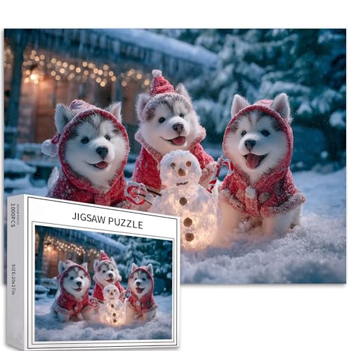 Three Christmas Huskies 1000 Teile Puzzle für Erwachsene, Weihnachtskostüm, Kunst-Puzzle, bunte DIY-Puzzles für Heimdekoration, Geschenke, Familienpuzzle, perfekt für Spielabende, 68,6 x 50,8 cm von Generic