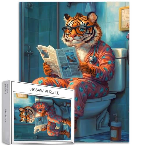 Tiger Lese-Zeitung Puzzle für Erwachsene, Tiger auf Toilette, Kunstpuzzle, anspruchsvolle Familienaktivitäten, buntes Bastelpuzzle für Heimdekoration, Geschenke, 50 x 70 cm, 1000 Teile Tiger Lese-Zeitung Puzzle für Erwachsene, Tiger auf Toilette, Kunstpuzzle, anspruchsvolle Familienaktivitäten, buntes Bastelpuzzle für Heimdekoration, Geschenke, 50 x 70 cm, 1000 Teile von Generic
