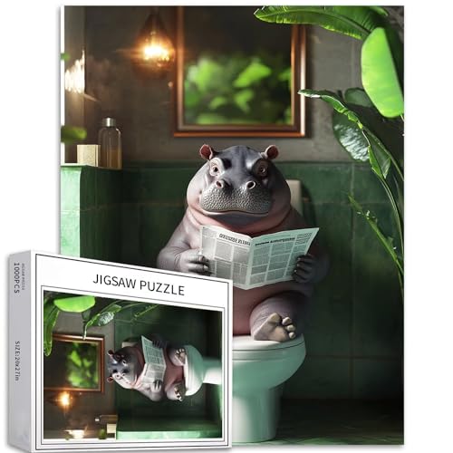 Toiletten-Nilpferd – 1000 Teile Puzzle für Erwachsene – Grüner Badezimmerhintergrund – Familienaktivitätsspiele – Bunte Puzzles für Wohnkultur – Geschenke 50 x 70 cm von Generic