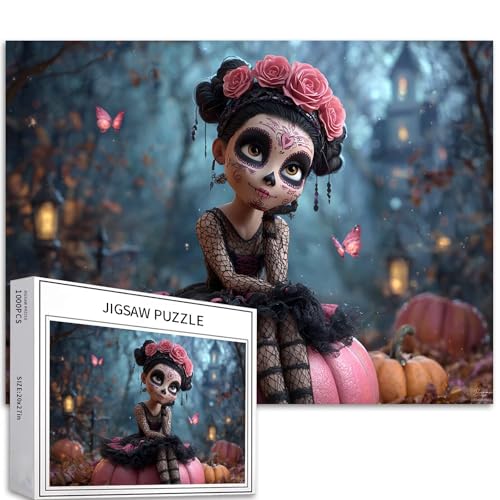 Totenkopf-Mädchen sitzend auf einem Kürbis, 1000-teiliges Puzzle für Erwachsene, Halloween-Stil, Kunst-Puzzle, herausfordernde Familienaktivitäten, buntes DIY-Bastelpuzzle für Heimdekoration von Generic