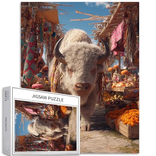 Tribal Bison Puzzle für Erwachsene, Halloween-Atmosphäre, Kunst-Puzzle, herausfordernde Familienaktivitäten, buntes Bastelpuzzle für Heimdekoration, Geschenke, 50,8 x 68,6 cm, 1000 Teile von Generic