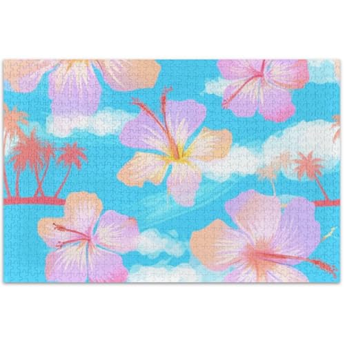 Tropisches Pastell-Puzzle, Hibiskusblumen, blau, Erwachsenen-Puzzle, 500 Teile, weißer Elefant, Partygeschenke, cooles Puzzle für Erwachsene, Tiermalerei, Kunst, 500 x 37 cm von Generic