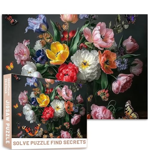 Tulpen-Pfingstrosen-Puzzle, 1000 Teile, niederländisches goldenes Zeitalter, dunkelgrauer Hintergrund, Schmetterlings-Dekor, anspruchsvolle Familienaktivitäten, Spiele, buntes Bastelpuzzle für Tulpen-Pfingstrosen-Puzzle, 1000 Teile, niederländisches goldenes Zeitalter, dunkelgrauer Hintergrund, Schmetterlings-Dekor, anspruchsvolle Familienaktivitäten, Spiele, buntes Bastelpuzzle für von Generic
