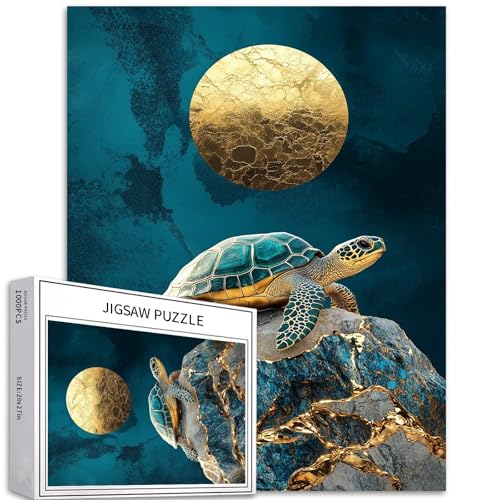 Turtle on The Rock Puzzle für Erwachsene, 1000 Teile, goldfarbene Sonne, Hintergrund, Kunst-Puzzle, anspruchsvolle Familienaktivitäten, buntes Bastelpuzzle für Heimdekoration, Geschenke, 50,8 x 68,6 von Generic