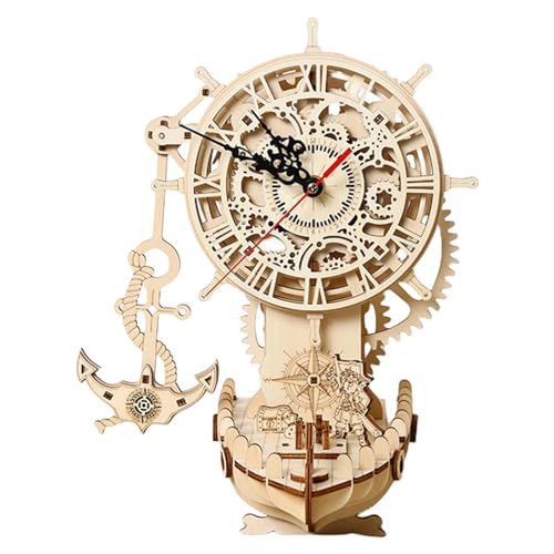 Uhrenpuzzle-Modell-Set – Holzpuzzles | Holzpuzzle Bausätze aus Holz, Puzzles aus Holz, Schreibtischuhr, Piraten-Uhrmodell, 9,6 x 8,3 x 12,2 Zoll von Generic