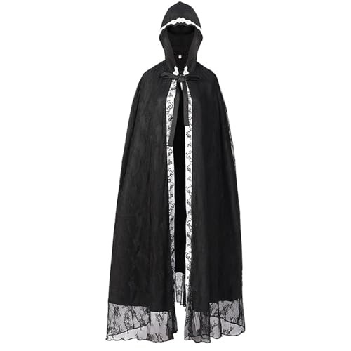 Unisex Umhang Mit Kapuze, Halloween Kapuzenumhang Spitze, Tüll-Kapuzenmantel Lange Cape Mantel Zaubererrobe Renaissance Umhangjacke Gothic Capelet Cosplay Mittelalter Outfit Für Halloween Kostüm von Generic