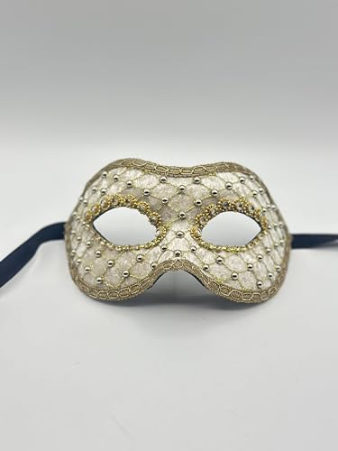 Venezianische Masquearde Ball Maske mit weißem Samt, Gold und Strasssteinen bedeckt. von Generic