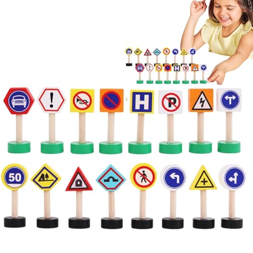 Verkehrszeichen für Spiele, Spielzeug für den Verkehr - 16 x Verkehrszeichen spielen Spielzeug, Fußgängerübergangssignalblöcke, Holzgebäude, Sicherungsspiel von Generic