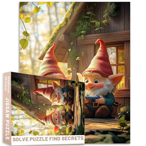 Videospiel-Zwerge, Puzzle, Cartoon-Kunst, 68,6 x 50,8 cm, Holzhaus, helle fröhliche Aktivität, anspruchsvolle Familienaktivitäten, buntes Bastelpuzzle für Heimdekoration, Geschenke, 1000 Stück von Generic