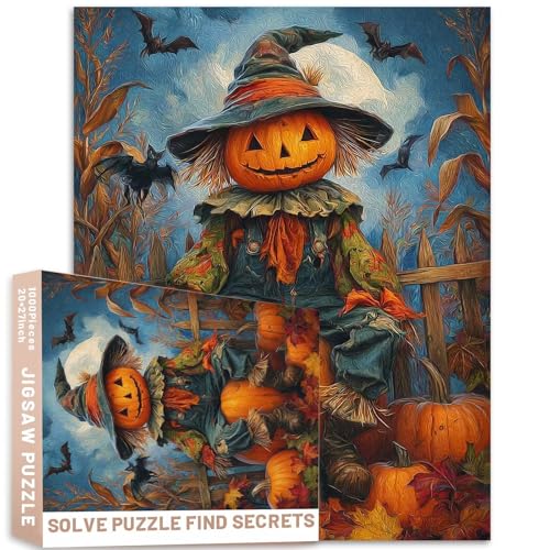 Vogelscheuche, sitzende Kürbisse, Fledermäuse, Blätter, Mondlicht, rustikales Halloween-Puzzle, 1000 Teile, Erwachsene, 68,6 x 50,8 cm, anspruchsvolle Familienaktivitäten, bunt, DIY-Bastelpuzzle für von Generic