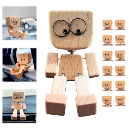 Wackelnde Holzfigur, Wackelnde Holzfiguren, Wackelfüße Holzpuppe Auto Holzfiguren mit 12 magnetischen Gesichtsausdrücken, Lustige Wackelkopf für Auto Armaturenbrett Deko (A) von Generic