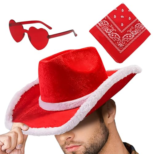 Weihnachts-Cowboyhut, Weihnachtsmann-Cowboyhut - Cowboyhut Cosplay Westlicher Hut - 3 Cowgirl Brillen mit Bandana, Herzbrille, Königshut Weihnachts-Cowboyhut, Weihnachtsmann-Cowboyhut - Cowboyhut Cosplay Westlicher Hut - 3 Cowgirl Brillen mit Bandana, Herzbrille, Königshut von Generic