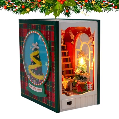 Weihnachtsbuch Ecke, Miniaturbuch Eck-Set, Dekorative Buch-Buch-Weihnachten, Voller Weihnachten | 3D Holzhaus "Frohe Weihnachten", Modellbau, Bücherregal Dekoration, Miniaturhaus mit LED-LI von Generic