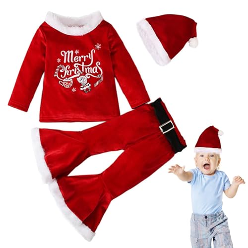 Weihnachtselfen-Outfit für Mädchen | Samt-Pullover + Glockenstrümpfe + Weihnachtsmannmütze – Weihnachtsmann-bedruckte Rundhalsausschnitt-Hemden, Sweatshirt, ausgestellte Hosen des Weihnachtselfen-Outfit für Mädchen | Samt-Pullover + Glockenstrümpfe + Weihnachtsmannmütze – Weihnachtsmann-bedruckte Rundhalsausschnitt-Hemden, Sweatshirt, ausgestellte Hosen des von Generic