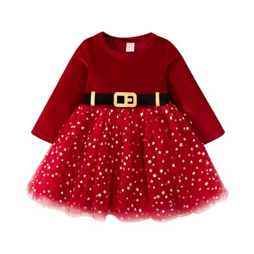Weihnachtskleidungsset für kleine Kinder Kleinkind Kinder Baby Mädchen Weihnachten Outfit Weihnachten Party Fleece Tüll Kleid Langarm Prinzessin Kleider Mit Gürtel Kleidung Kostüme (Red, 3-4 Years) von Generic