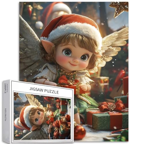 Weihnachtspuzzle mit niedlichem Engel, 1000 Teile für Erwachsene, Cartoon-Stil, Kunst-Puzzle, herausfordernde Familienaktivitäten, buntes DIY-Bastelpuzzle für Heimdekoration, Geschenke, 50,8 x 68,9 cm von Generic