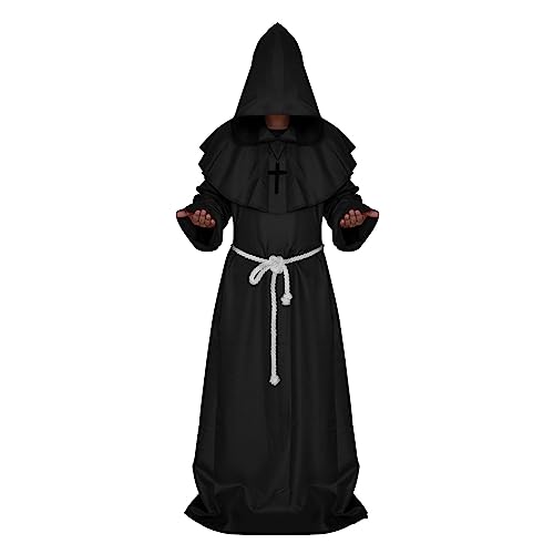 Weiße lange Cape Robe für Erwachsene Herren Zauberer Priester Maxi Robe,Mittelalterliche Mysteriöse Mönchsroben, Pest Doktor Kostüm,Halloween Rave Cosplay Party Kostüm (Black, XL) von Generic