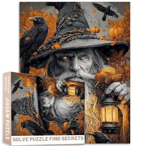 Weißer Bärtiger Zauberer mit Hexenhut, 1000 Teile, Erwachsenenpuzzle, Halloween, aufwendig, 68,6 x 50,8 cm, bunt, DIY-Puzzle, Heimdekoration, Geschenke, Familienpuzzle, perfekt für Spieleabende von Generic