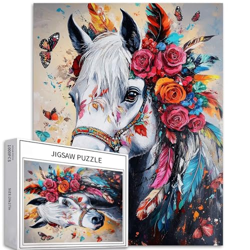 Weißes Pferd, Portrait, 1000-teiliges Puzzle für Erwachsene, Schmetterlingshintergrund, Kunst-Puzzle, anspruchsvolle Familienaktivitäten, buntes DIY-Bastelpuzzle für Heimdekoration, Geschenke, 50,8 x Weißes Pferd, Portrait, 1000-teiliges Puzzle für Erwachsene, Schmetterlingshintergrund, Kunst-Puzzle, anspruchsvolle Familienaktivitäten, buntes DIY-Bastelpuzzle für Heimdekoration, Geschenke, 50,8 x von Generic