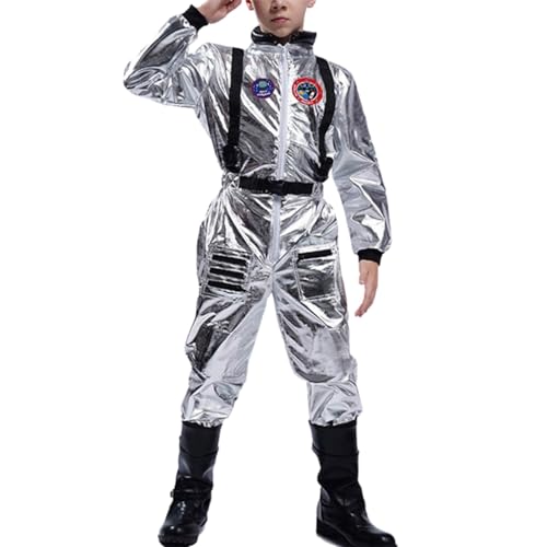 Weltall Kostüm für Damen Herren Alien Astronauten Kostüm mit Gürtel Glänzend Halloween Kostüm Raumfahrer Outfit Paar Metallic Langarm Space Jumpsuit Silber Pilotenanzug Uniform von Generic