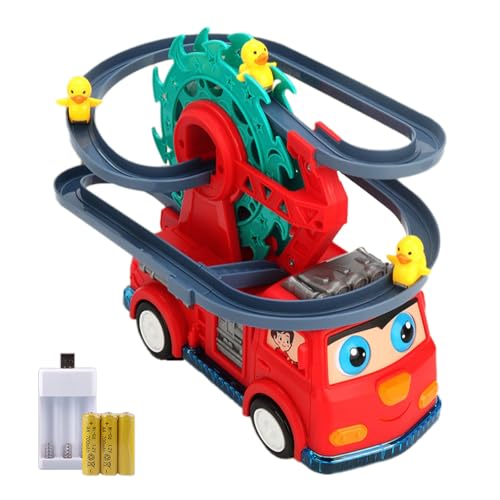 Wiederaufladbarer USB-Typ, Feuerwehrauto-Rennstrecken-Spielset, Feuerwehrauto-Treppensteigbahn-Rutschspielzeug, Feuerwehrauto-Rollenspielzeug mit Lichtern und Musik, HYw794 (Red, 18.5cmX13.5cmX23cm) von Generic
