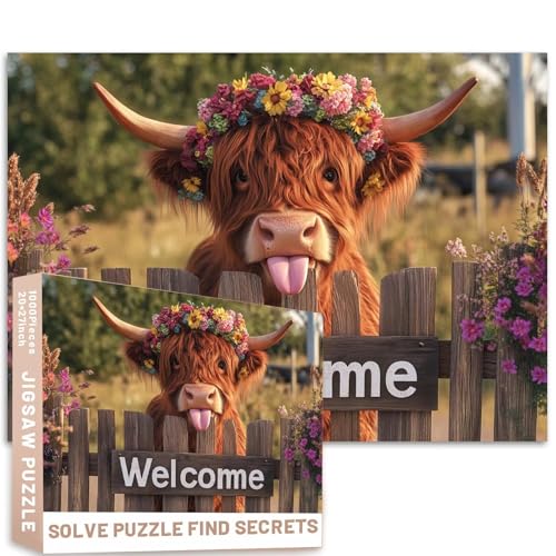 Willkommensschild, Holzzaun-Puzzle, Blumenkrone, Hochlandkuh, Bauernhaus, Tierkunst, 50 x 70 cm, für Erwachsene, anspruchsvolle Familienaktivitäten, Spiele, bunt, Bastelpuzzle für Heimdekoration Willkommensschild, Holzzaun-Puzzle, Blumenkrone, Hochlandkuh, Bauernhaus, Tierkunst, 50 x 70 cm, für Erwachsene, anspruchsvolle Familienaktivitäten, Spiele, bunt, Bastelpuzzle für Heimdekoration von Generic