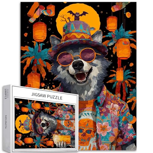 Wolf im Totenkopf-Süßigkeitshemd, 1000-teiliges Puzzle für Erwachsene, Halloween, Cartoon-Stil, Kunst-Puzzle, anspruchsvolle Familienaktivitäten, buntes DIY-Bastelpuzzle für Heimdekoration, Geschenke von Generic
