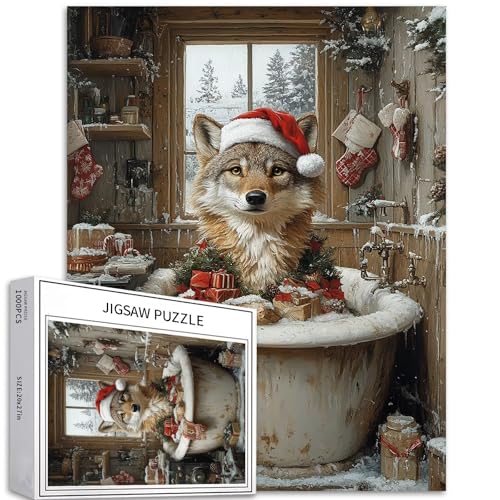 Wolf im Weihnachtskostüm, 1000-teiliges Puzzle für Erwachsene, Holzhütte, Badezimmer, Kunst-Puzzle, anspruchsvolle Familienaktivitäten, buntes Bastelpuzzle für Heimdekoration, Geschenke, 50,8 x 68,6 Wolf im Weihnachtskostüm, 1000-teiliges Puzzle für Erwachsene, Holzhütte, Badezimmer, Kunst-Puzzle, anspruchsvolle Familienaktivitäten, buntes Bastelpuzzle für Heimdekoration, Geschenke, 50,8 x 68,6 von Generic