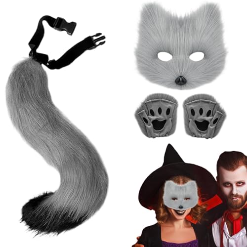 Wolfs-Kostüm, Wolfsschwanz und Ohren, Set mit Handschuhen und Schwänzen, Katzenkostüm, Cosplay mit Fell, weich und realistisch, für Kostümpartys Wolfs-Kostüm, Wolfsschwanz und Ohren, Set mit Handschuhen und Schwänzen, Katzenkostüm, Cosplay mit Fell, weich und realistisch, für Kostümpartys von Generic