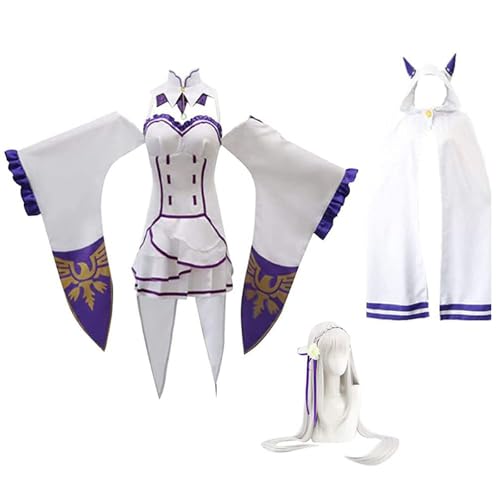 Womens Anime Cosplay Kostüm Für Emilia Lolita Kleid Outfit Mantel Halb Ohr Halloween Full Set Mit Perücke (Weiß inklusive Perücken,M) von Generic