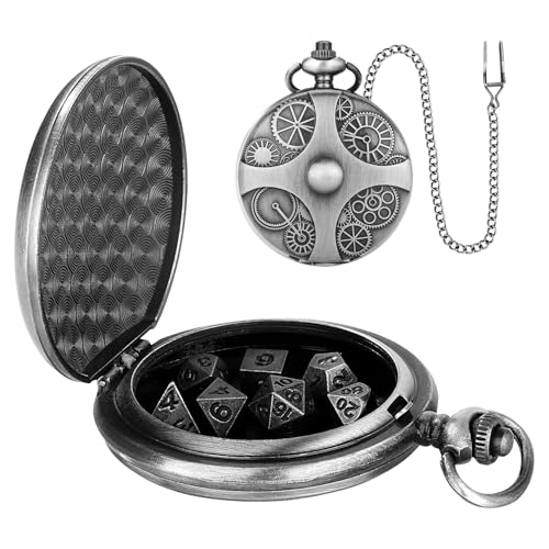 Würfel-Taschenuhr, Polyedrisches Würfel-Set Aus Metall - Würfelset Mit Taschenuhrgehäuse - Tragbare Würfelkette Für Rollenspiele, Brettspiele, Tischdekoration, Steampunk-Würfel-Set,Polyedrisches Würfe von Generic