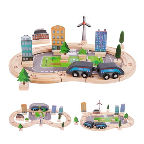 Zug Set Holz, Holz Zuggleisset - Puzzle-Bahn Autorennen - Set mit 46 Straßenpuzzle für Kinder über 3 Jahre, Eisenbahnfahrzeugbau Spielzeug, Vorschulkind Lernspielzeug von Generic