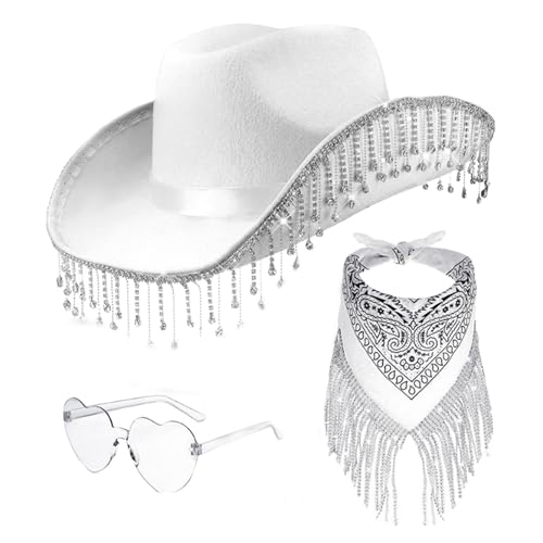 Cowgirl-Hut für Partys, dekorativer Hut mit Quasten, 3-teiliges Set mit Western-Cowboy-Hut mit herzförmiger Sonnenbrille, Junggesellinnenabschiedskostüme aus Acryl Cowgirl-Hut für Partys, dekorativer Hut mit Quasten, 3-teiliges Set mit Western-Cowboy-Hut mit herzförmiger Sonnenbrille, Junggesellinnenabschiedskostüme aus Acryl von Genérico