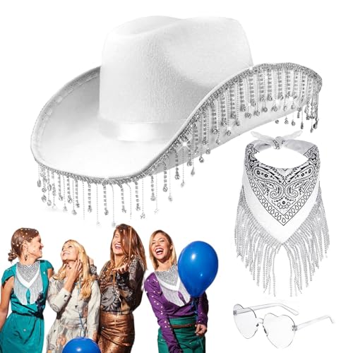 Cowgirl Hut mit Herzbrille, 3-teiliges Cowgirl-Hut-Set für Junggesellinnenabschiede, Westernhut mit Herzbrille, Jeansschal Cowgirl Hut mit Herzbrille, 3-teiliges Cowgirl-Hut-Set für Junggesellinnenabschiede, Westernhut mit Herzbrille, Jeansschal von Genérico