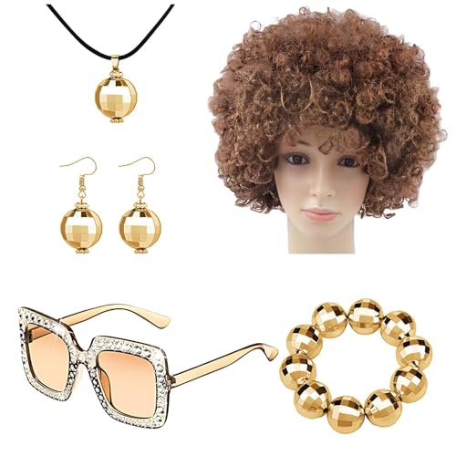 Disco-Kostüm-Zubehör, Zubehör für Rapper Kostüm, 5-teiliges Set, Afro-Perücke, Ohrringe, Sonnenbrille, Discokugel-Zubehör, Halskette für Partys Disco-Kostüm-Zubehör, Zubehör für Rapper Kostüm, 5-teiliges Set, Afro-Perücke, Ohrringe, Sonnenbrille, Discokugel-Zubehör, Halskette für Partys von Genérico