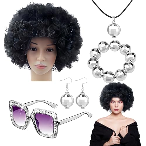 Disco-Zubehör der 70er Jahre für Damen, Rapper Bling-Kostüm, 5-teiliges Zubehör für Afro-Perücke, Ohrringe, Sonnenbrille, Diskokugel-Zubehör, Halsketten-Party-Set Disco-Zubehör der 70er Jahre für Damen, Rapper Bling-Kostüm, 5-teiliges Zubehör für Afro-Perücke, Ohrringe, Sonnenbrille, Diskokugel-Zubehör, Halsketten-Party-Set von Genérico