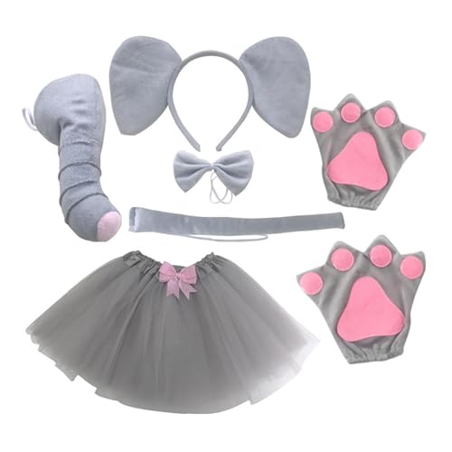 Elefantenkostüm für Kinder, Halloween-Kostüm mit Tutu-Rock, Stirnband mit Ohren, Nase, Fliege, Handschuhe und Schwanz, grauer Tieranzug für Karneval und Rollenspiele von Genérico