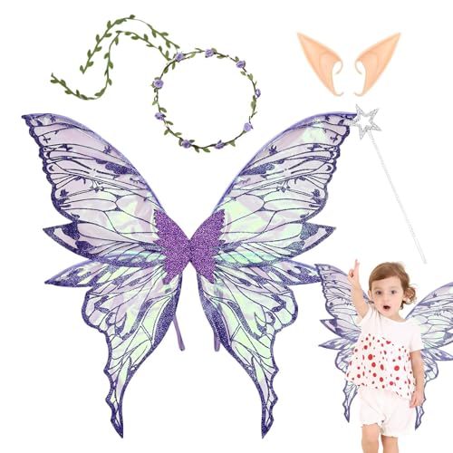 Genérico Flügel für Mädchen – Engelsflügel-Kostüm-Set mit Blumenstirnband und Ohren – Kostüm für Geburtstage, Partys, Cosplay, Prinzessin, Theater und Hochzeiten von Genérico