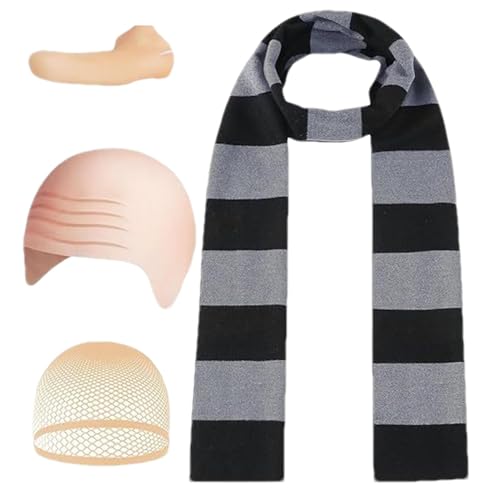 Genérico Gestreifter Schal, Halloween-Kostüm-Set | Cosplay Kostüm Party Kopfbedeckung | 4-teiliges Set mit Perücke | gestreifter Schal mit falscher Nase für Männer Halloween-Kostüm von Genérico