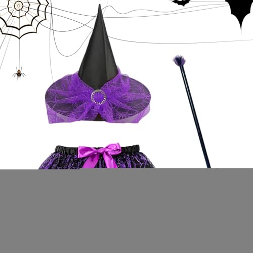 Genérico Halloween Hexenkostüm | Hexenkostüm für Mädchen mit Besen und Rock | Verstellbares Halloween-Cosplay-Zubehör für Kinder, Mädchen und von Genérico