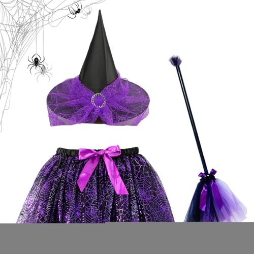 Genérico Halloween-Hexenkostüm-Set | inkl. Rock und Besen für Kinder, Kostüm-Set | Verstellbares Halloween-Cosplay-Zubehör für Kinder, Mädchen und von Genérico